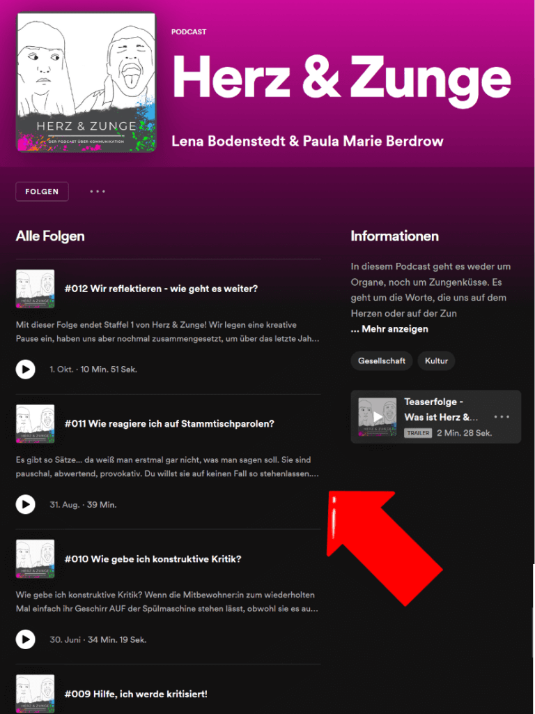 Screenshot der Herz & Zunge Seite bei Spotify. Ein roter Pfeil zeigt auf die Folge #011 "Wie reagiere ich auf Stammtischparolen"