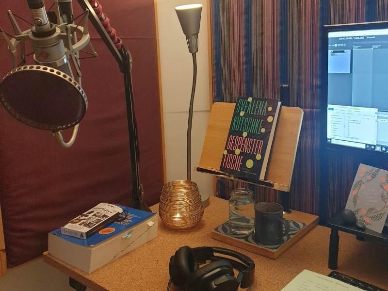 Paulas Studio: Mikrofon am Mikrofonarm, Holzständer mit Buch, Bildschirm und Kopfhörer. An den Wänden hängen gerahmte und mit Stoff bezogene Akustik-Absorber.