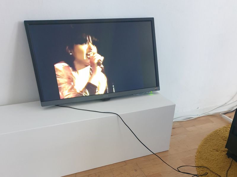 Ein Bildschirm auf einem kleinen weißen Sockel. Im Bild Nina Hagen, die in ein Mikrofon singt.