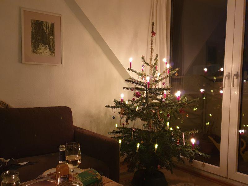 Ein beleuchteter Weihnachtsbaum.