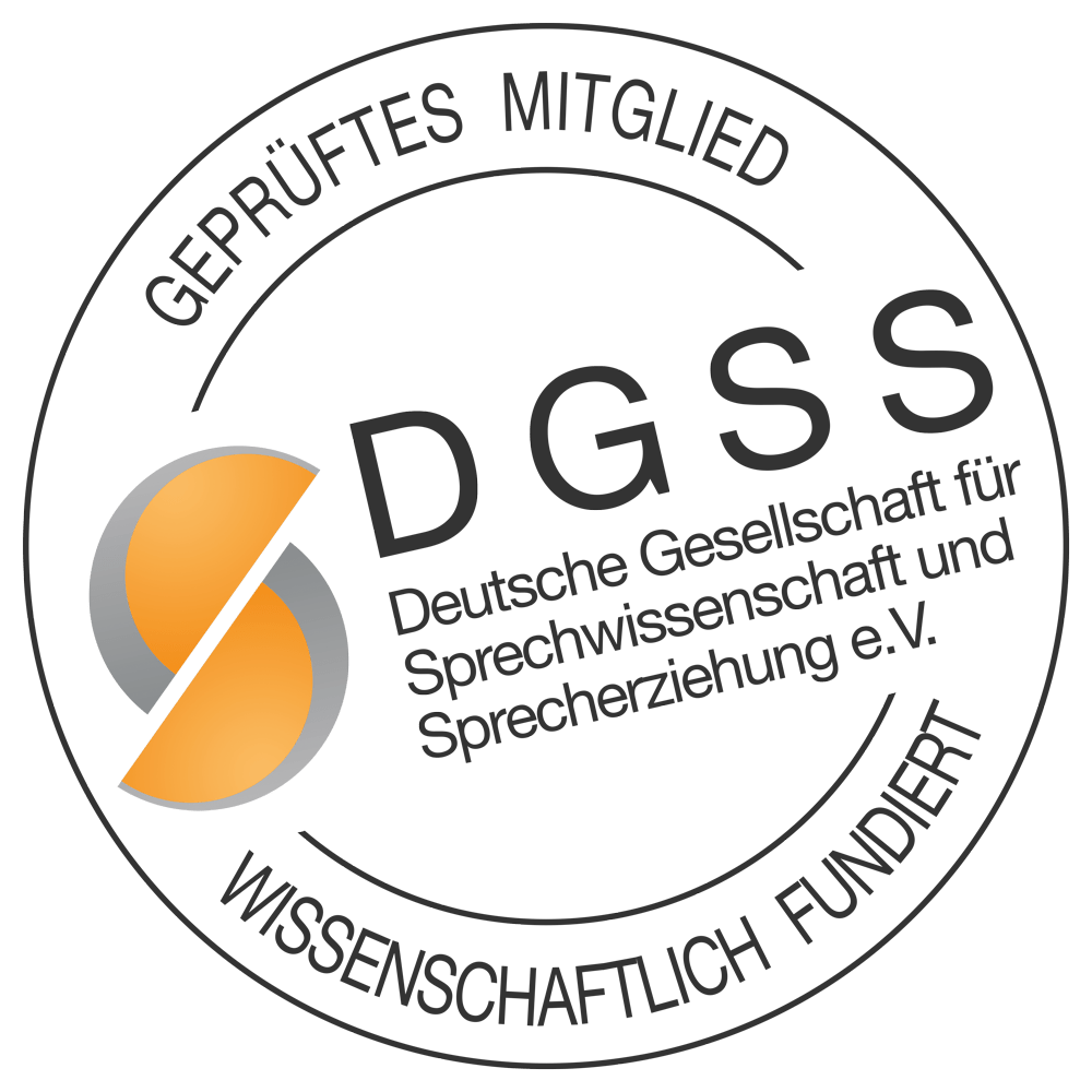 Logo mit Text: Geprüftes Mitglied - DGSS - Deutsche Gesellschaft für Sprechwissenschaft und Sprecherziehung - Wissenschaftlich fundiert.
